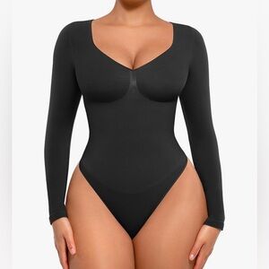 FeelinGirl Long Sleeve Shapewear Bodysuit Women-Tummy Control Thong V-Neck Sz XS